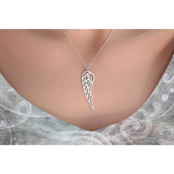 Sterling Silver Large Wing Charm Necklace, Sterling Silver Large Wing Necklace - Picture 2 of 4
